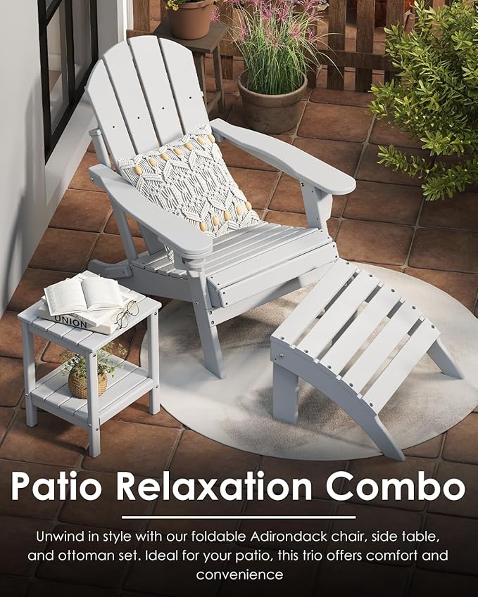 GREENVINES Folding-Adirondack-Chair | HDPE Plastic | Fire Pit Chairs | All Weather | Cup Holder | White | for Deck Backyard Patio Outdoor Garden