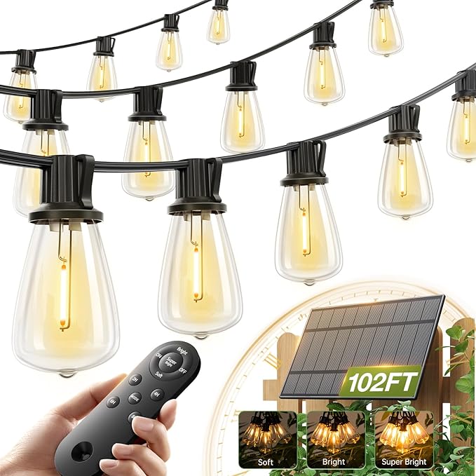 addlon 102(96+6) FT Solar String Lights Waterproof,Patio Light Solar Powered with Remote & USB Port 3 Modes, 48+4 LED Shatterproof Bulbs Outdoor Lighting for Camping Porch Backyard Garden