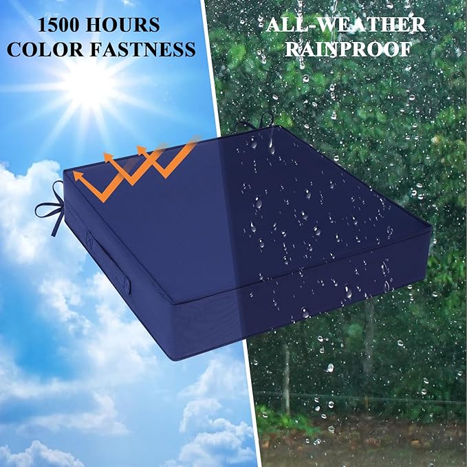 Outdoor Chair Cushions Set of 2 for Patio Furniture 22x22x4 Inch Waterproof Patio Chair Cushion 3 Year Color Fastness Square Elastic Foam Garden Sofa Couch Pads with Ties and Handle,Blue