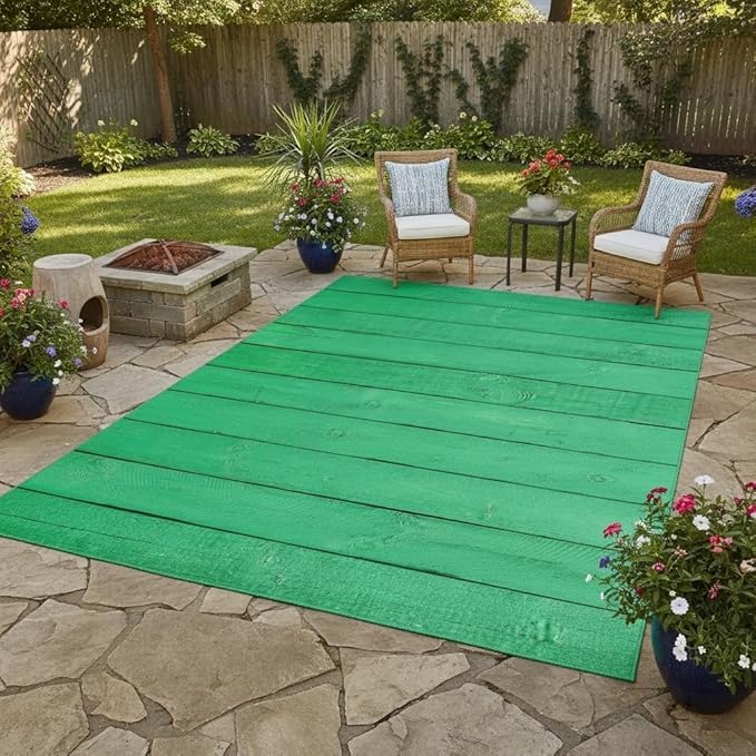 Vibrant Green Wooden Striped Outdoor Area Rug 10x12 Natural Rustic Wood Print Waterproof Outdoor Rug for Balcony Backyard Patio Deck Porch Washable Foldable Outdoor Carpet Camping Rv Picnic Mat