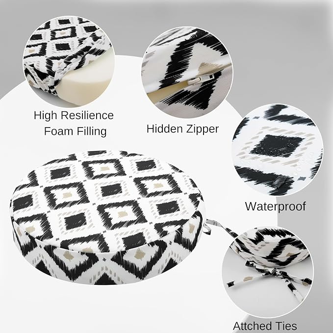 idee-home Outdoor Bistro Chair Cushions, 15”x15”x 3” Thick Outdoor Round Seat Cushions Set of 2 with Ties, Waterproof Round Patio Furniture for Garden