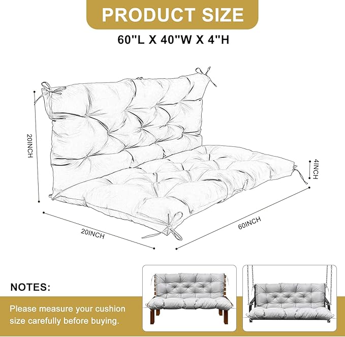 60" Porch Swing Cushion with Backrest, Waterproof Outdoor Bench Swing Cushions 3 Seater Replacement Thickened Swing Cushions with Ties for Patio Garden Backyard,Light Gray,60x40in