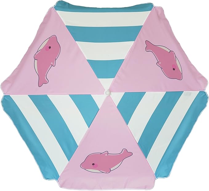 AMMSUN 5ft Seaside Umbrella for Sand Box Water Table - Kids Durable Umbrellas for children Picnic Beach Camping Garden Outdoor Play Shade Pink Dolphin