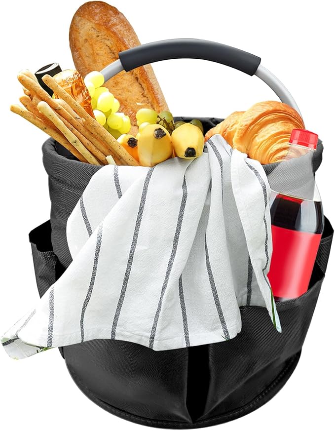 Black 17 L Picnic Garden Tool Bag with 6 Pockets, Foldable Bucket Organizer for Storage Camping Home Cleaning Products, Portable Garden Caddy Tote with Handle Harvest Basket (Black)