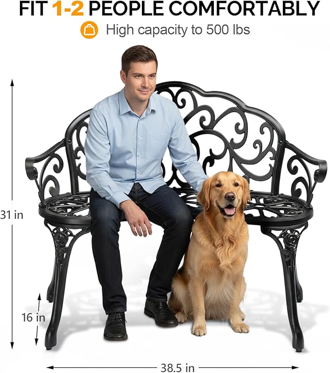 VINGLI 38.5" Patio Park Garden Outdoor Metal Rose Bench, 2-Person Cast Iron Cast Aluminium Frame Antique Finish Chair,Accented Lawn Front Porch Path Yard Decor Deck Furniture (Black, Butterfly)