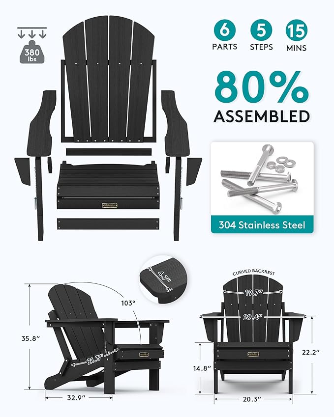SERWALL Foldable Adirondack Chair Set of 2 for Patio Garden Outdoors Fire Pit-Black