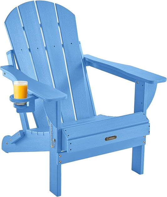 Ciokea Folding Adirondack Chair Wood Texture, Patio Adirondack Chair Weather Resistant, Plastic Fire Pit Chair with Cup Holder, Lawn Chair for Outdoor Porch Garden Backyard Deck, Baby Blue