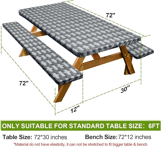 Picnic Table Cover with Bench Covers Camping Essentials Waterproof Windproof Camping Tablecloth with Drawstring Bag, Fitted Rectangle Tables and Seats, 72in, Dark Gray