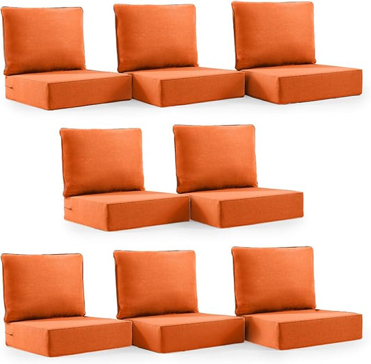 6" Thick Outdoor Cushion, 24*24*6" Patio Furniture Cushions with Waterproof Patio Furniture Cushions with Removable Cover, 28D High Density Patio Cushion for Outdoor Furniture, Orange-8pcs