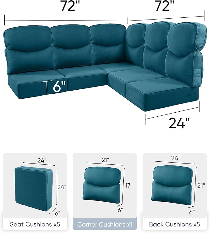 Luxury 24x24x6 Outdoor Cushions for 5-Seat Sectional Sofa Set of 5 - Water-Repellent 11-Piece Patio Cushion for Outside Rattan Wicker Loveseat Chair L-Shape Couch - Peacock Blue/Smile