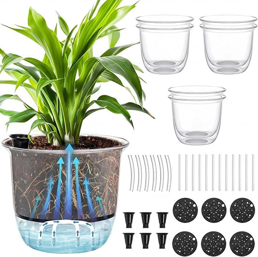 6 Pcs Clear Self Watering Pots for Indoor Outdoor Plants Flowers, 4 Inch Self Watering Planters with Reservoir, Drainage Hole and Absorbent Cotton Rope