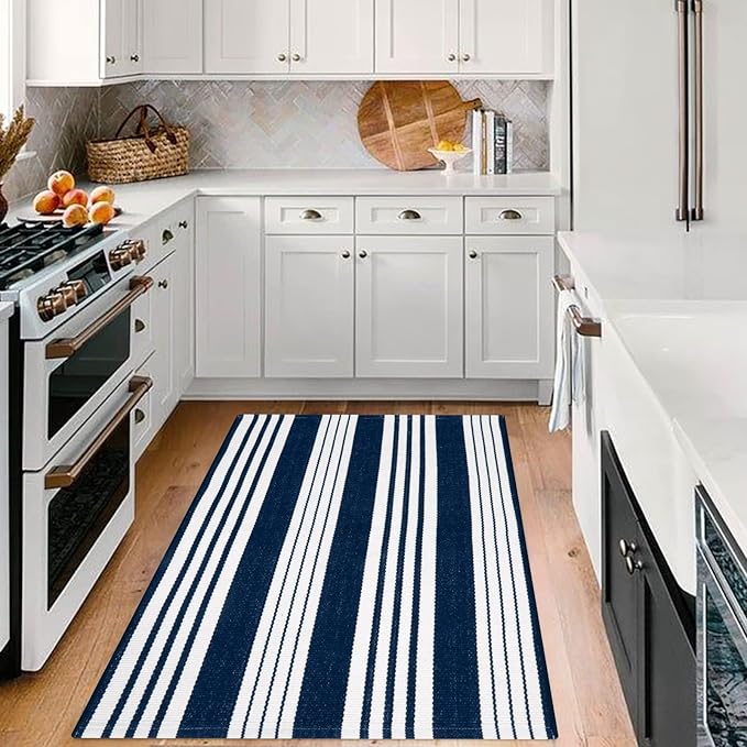 OJIA Blue and White Outdoor Rug 3'x5' Cotton Woven Striped Front Porch Rug Machine Washable Indoor Outdoor Rugs Farmhouse Entry Rug Layered Door Mat for Entryway/Kitchen/Front Door Entrance Decor