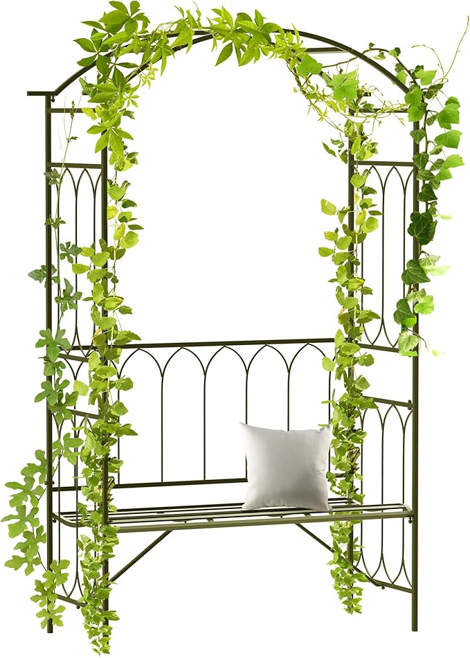 Outsunny Metal Trellis Arbor Arch for Climbing Plants with Garden Bench, Grow Grapes & Vines, Patio Decor & 2-Person Outdoor Steel Decorative Seating, 484 lbs. Weight Capacity, Black