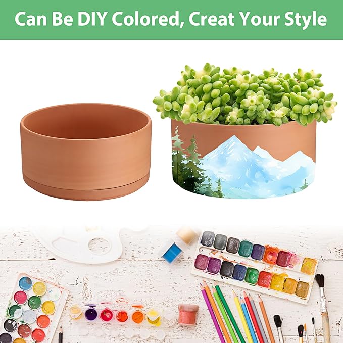 JUXYES 10 Inch Terracotta Shallow Pot with Holes and Saucers, Round Cylinder Succulent Planter Clay Flower Pots for Indoor and Outdoor Use, Decorative Bonsai Succulent for Mini Foliage Plants Orchids