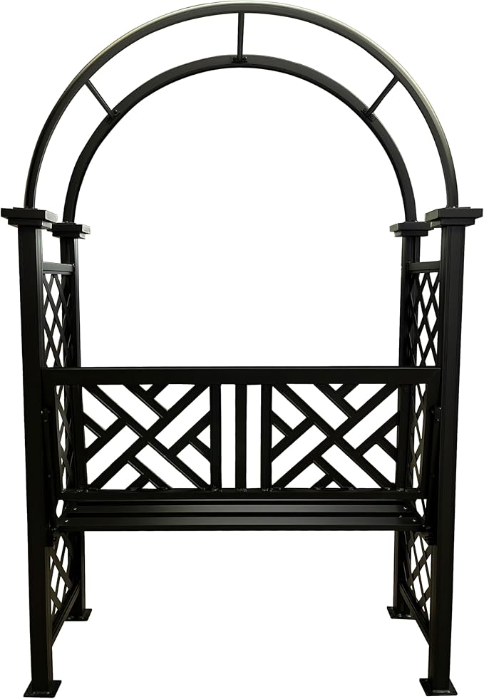 Oakland Living Black Aluminum Garden Arbor Arch with 2-Seater Bench