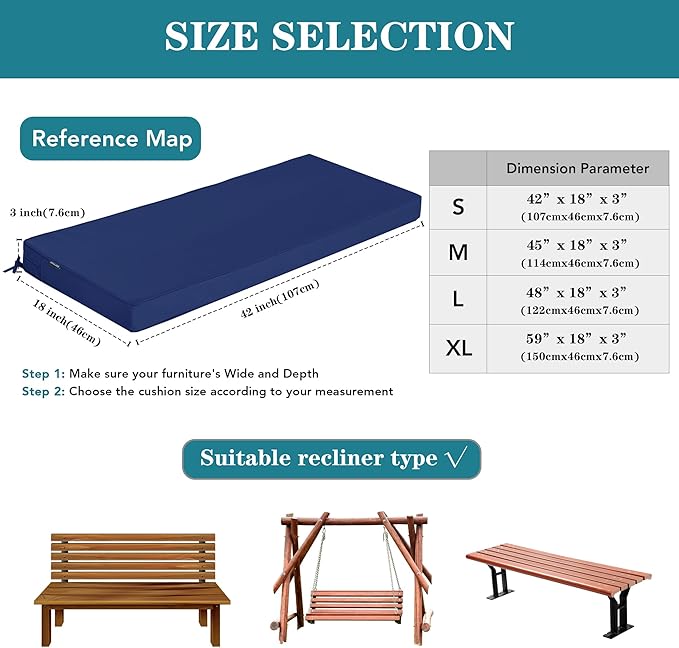 Outdoor Bench Cushions 48 x 18 Inch Thick Waterproof Porch Swing Cushions with Tie Patio Furniture Chair Cushion Bench Pad 5 Year Color Fastness Backyard Seat Pads Navy