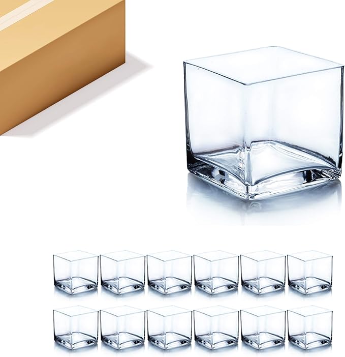 WGV Cube Glass Vase Bulk, Candle Holder, 4"x4"x4", Clear Elegant Floral Accent Container Planter Terrarium Storage for Wedding Party Ceremony Event Office Home Decor, 12 Pieces