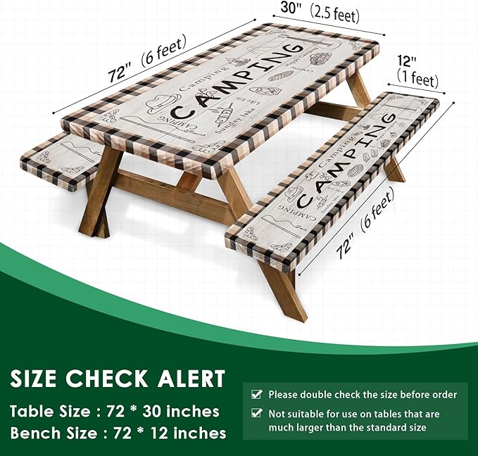 Picnic Table Cover with Bench Covers Elastic Edges, Green Camper Fitted Table Cover, Outdoor Patio Camping Essentials 72 Inch 3PCS, Waterproof Camping Fitted Tablecloth with Drawstring Bag