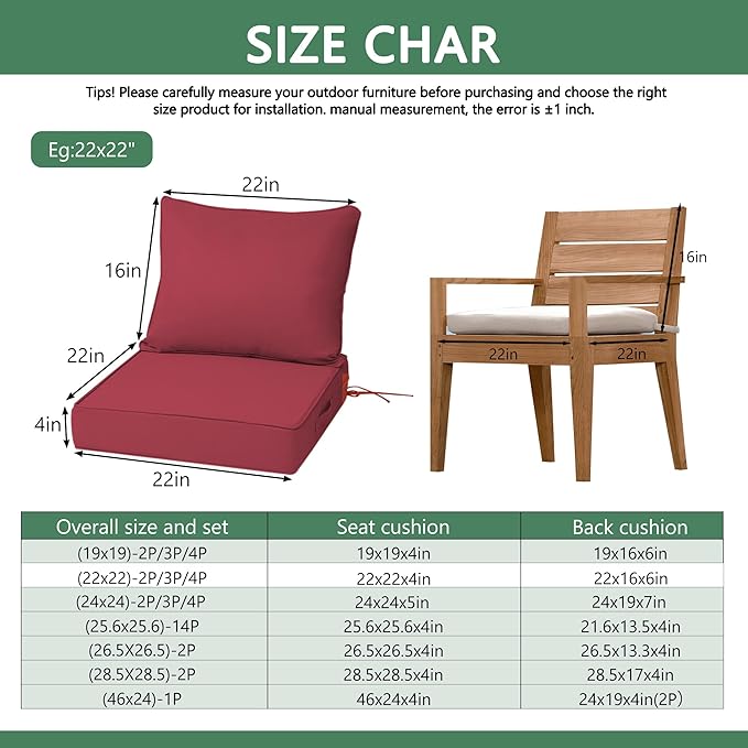 Outdoor Chair Cushions 4 Set, 22 x 22 x 4IN, Patio Deep Seat Cushion for Patio Furniture, Waterproof & Fade Resistant Thick Deep Seating Pads for Outside Wicker Ratten Chair Sofa Couch,Burgundy