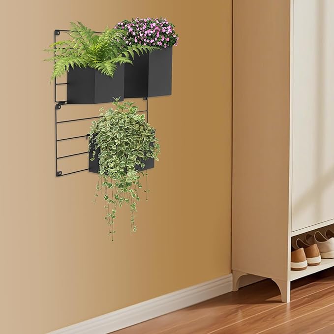 Vertical Garden Wall Planter, Wall Mounted Plant Holder with Grid and 3 Pots, Indoor Outdoor Hanging Garden Planter for Patio Herb Load Capacity 44.09 lbs 19.69x19.69inch (Black)