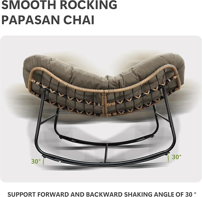 Papasan Rocking Chair, Oversized Papasan Chair with Cushion and Frame for Indoor& Outdoor, Deep Seat Egg-Shaped Rocker Chair for Garden, Deck, Living Room, Brown