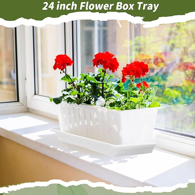 4 Pack White 24 x 8 x 1.6 Inch Rectangle Plant Saucer Large Plastic Plant Tray Water Drip Trays for Windowsill Flower Pot Planter Drainage Germination Garden Indoor Outdoor Use