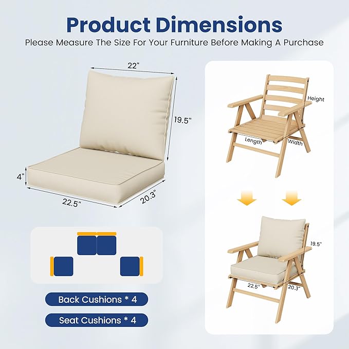 UDPATIO Outdoor Cushions for Patio Furniture, 4'' Replacement Cushions for Outdoor Furniture, Set of 8 Water-Resistant Outdoor Sectional Cushions for Sofa Couch Chair (Cream)