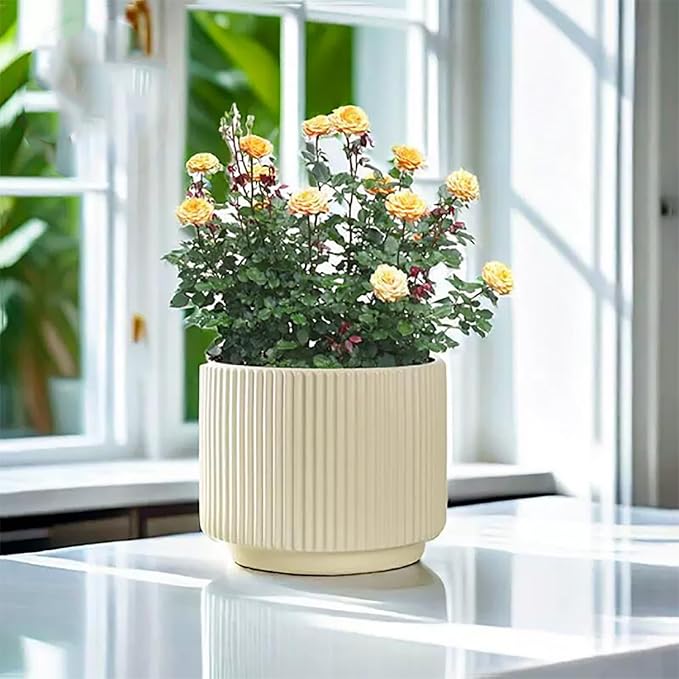 Ceramic 4.9+6.3 inch Planters, Modern Home and Office Flowerpot, Indoor and Outdoor Flowerpot with Drainage Hole (Light Yellow)