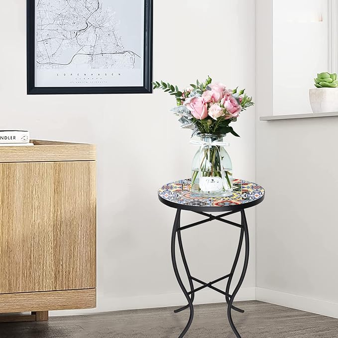 VCUTEKA Mosaic Side Table, 21" Round End Table with 14" Ceramic Tile Top, Indoor Patio Accent Table for Yard, Garden, Living Room, Bistro Balcony or Lawn