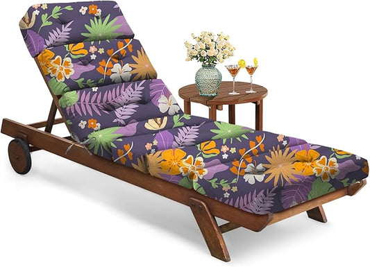All Weather Chaise Lounge Cushions Outdoor Lounge Chair Cushion, Waterproof Memory Foam Chaise Chair Cushion for Outdoor Patio Furniture with Non-Slip Back and Ties, Purple Floral Leaf
