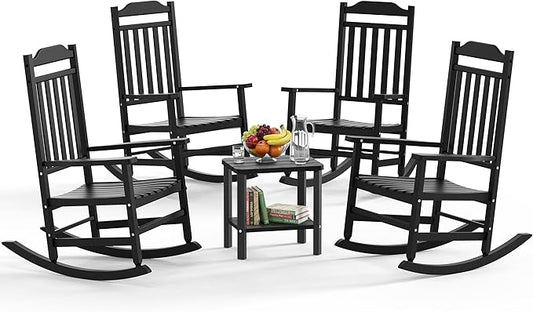 5 Piece Outdoor Rocking Bistro Set, Rocking Chairs Outdoor Furniture, Resin Waterproof Sun-Proof Patio Furniture Set for Garden, Pool, Backyard（5, Black）