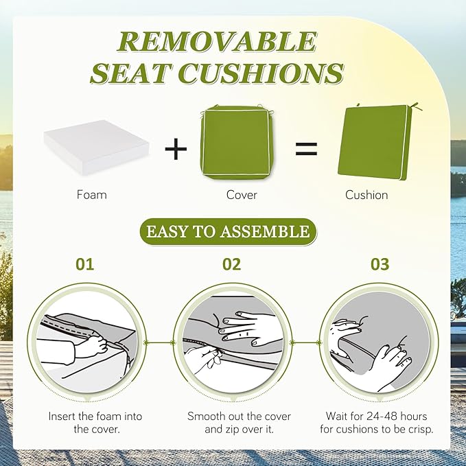 Waterproof Outdoor Chair Cushions Set of 2, Square Outdoor Seat Cushions with Ties and Removable Covers, 19 x 19 Outdoor Cushions for Patio Furniture with Portable Handle(Grass Green/White)