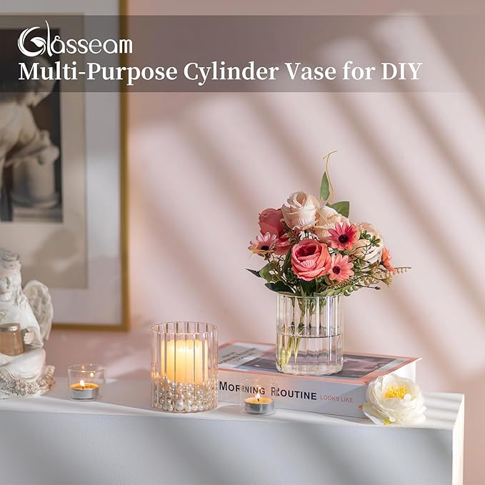 Glasseam Glass Hurricane Candle Holder: Ribbed Cylinder Candle Holders Set of 12 Clear Pillar Candle Holders for Table Centerpiece Modern Floating Candle Vases for Decor Wedding ChristmasParty 3.94’’