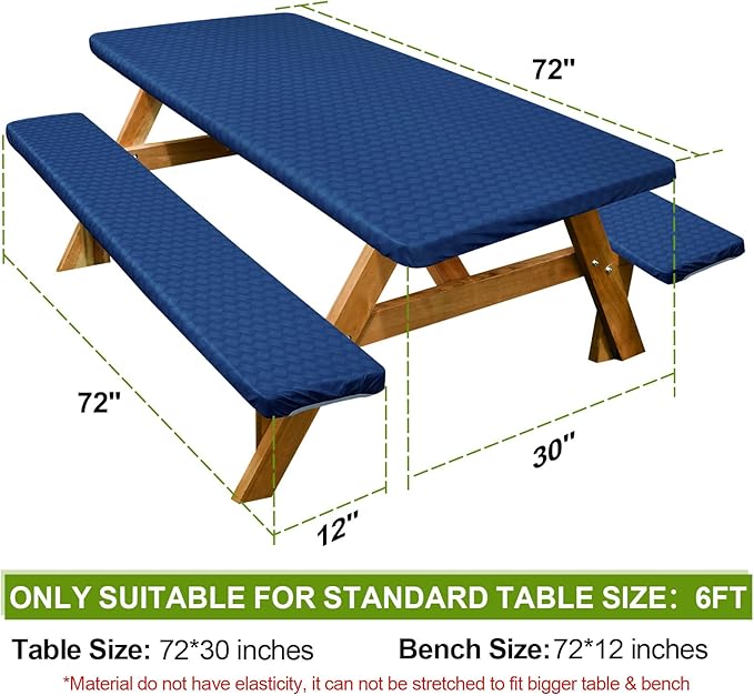 Play Tailor Picnic Table Cover with Bench Covers Camping Essentials Waterproof Windproof Camping Tablecloth with Drawstring Bag, Fitted Rectangle Tables and Seats, 72in, Deep Blue