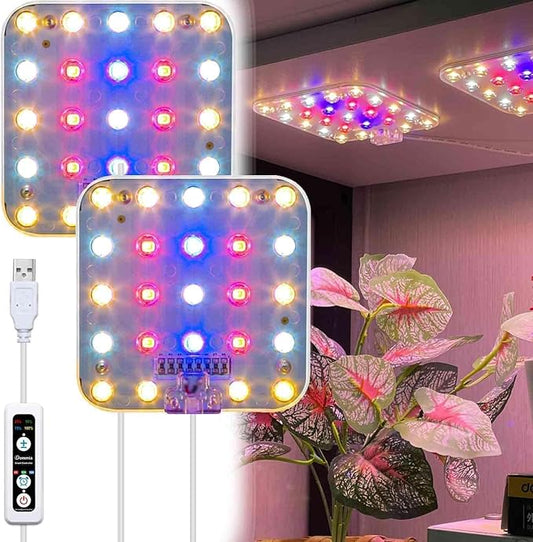 DOMMIA Full Spectrum LED Grow Light for Indoor Plants, 2 Panels 10W with 6/12/16h Timer Dimmable Plant Lights for Flower Veg Plant Growth USB, Pinkish White, 1-Pack