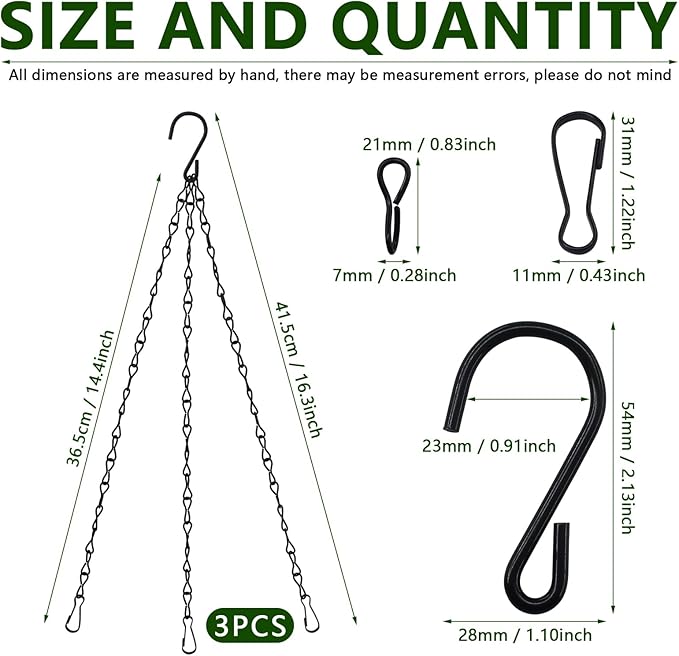 3Pcs 16" Black Hanging Chains for Basket Hanger Planters Holder, Indoor Outdoor Planting Ferns, Herbs, Succulent, Hanging Artificial Flowers, Lanterns, Bird Feeders, Flower Pot