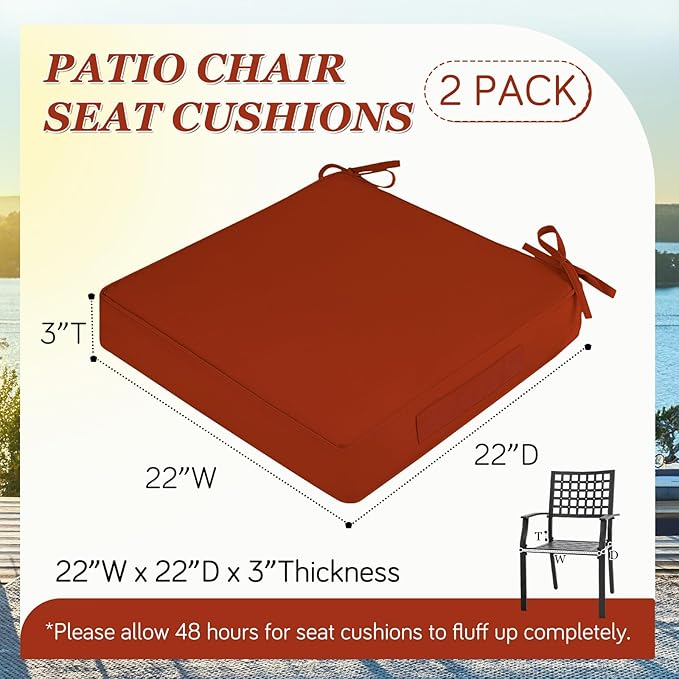 Waterproof Outdoor Chair Cushions Set of 2, Square Outdoor Seat Cushions with Ties and Removable Covers, 22 x 22 Outdoor Cushions for Patio Furniture with Portable Handle(Rust)