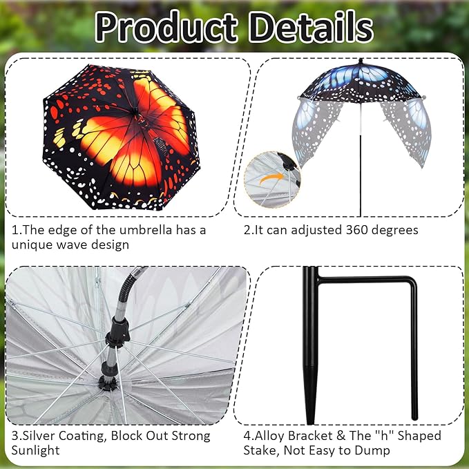 4 Pack Plant Umbrellas for Outdoor Plants, Upgraded Joints-enhanced Wind Resistance, Adjustable Height, Large Garden Umbrella Shade for Potted Plants Bed Flower Pot(Butterfly)