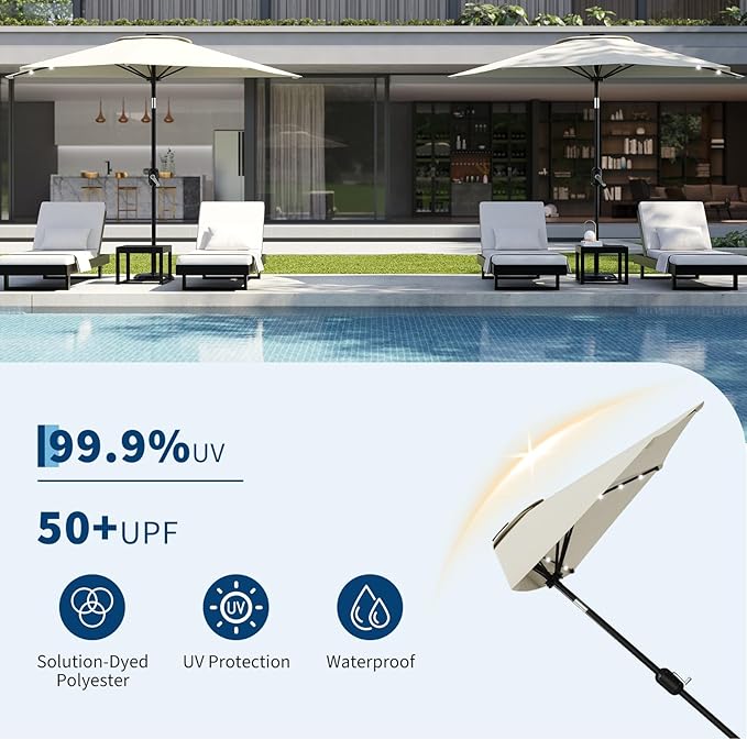 Garvee Patio Umbrella 9FT - Half Umbrella Outdoor with Solar LED Lights and Smooth Crank Lift, Outdoor Shade Canopy for Patio, Backyard, Garden, Deck, Balcony -Beige
