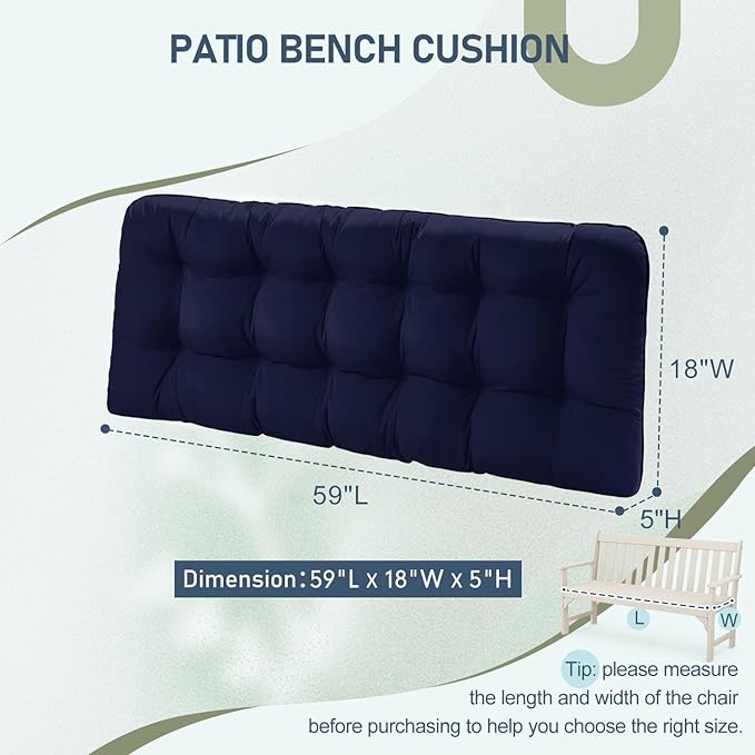 downluxe Outdoor Bench Cushion for Patio Furniture, Waterproof Tufted Overstuffed Porch Swing Cushions, Thick Outdoor Loveseat Cushions, 59" x 18" x 5", Navy, Set of 1