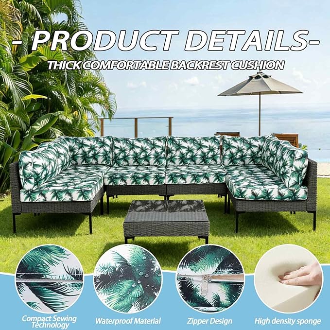 Patio Furniture Cushions,14Pieces Water-Resistant Outdoor Replacement Cushions,Sectional Sofa Cushions for Fits 6-Seats Rattan Wicker Patio Conversation Sets(Palm Leaves)