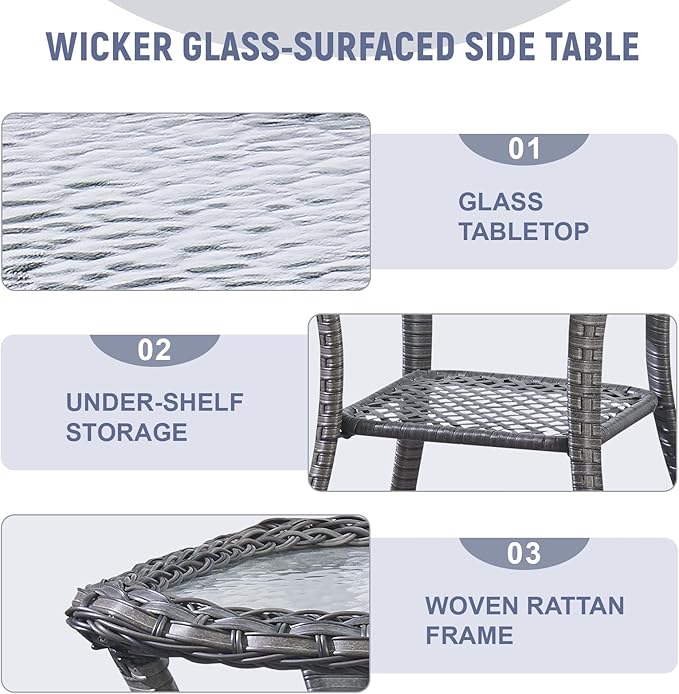Patio Side Table Glass Wicker Table Outdoor PE Rattan Side Table with Storage Shelf Square Sidetable for Patio Garden Poolside Deck Balcony Porch Yard, Grey