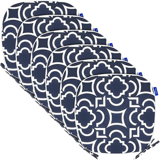 SleepMan Outdoor 17"x16" Chair Cushions with Ties Set of 6, Water Resistant All Weather U-Shape Seat Pads for Patio Garden Furniture Indoor Fade Resistant Patio Cushions (Blue Geo)
