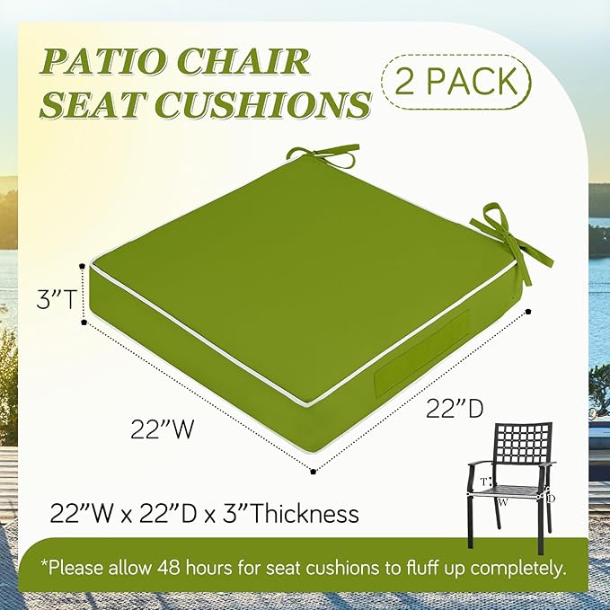 Waterproof Outdoor Chair Cushions Set of 2, Square Outdoor Seat Cushions with Ties and Removable Covers, 22 x 22 Outdoor Cushions for Patio Furniture with Portable Handle(Grass Green/White)