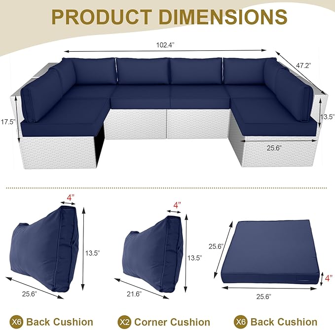 14 Piece Outdoor Replacement Cushions for Patio Furniture, Water-Resistant Sectional Sofa Cushions,Fits 6-seat Sectional Rattan Conversation Set,Liner and Cover (Navy Blue)