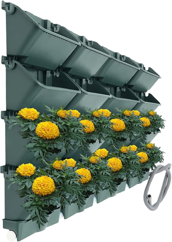 Vertical Wall Planter for Indoor Plant-Walls Mounted Pot with 4 Drainage Tray 16 Pack, 13 inch Dark Green for Decor, Plastic Pots Balcony Planters, Plants Hanging (16, Army Green)