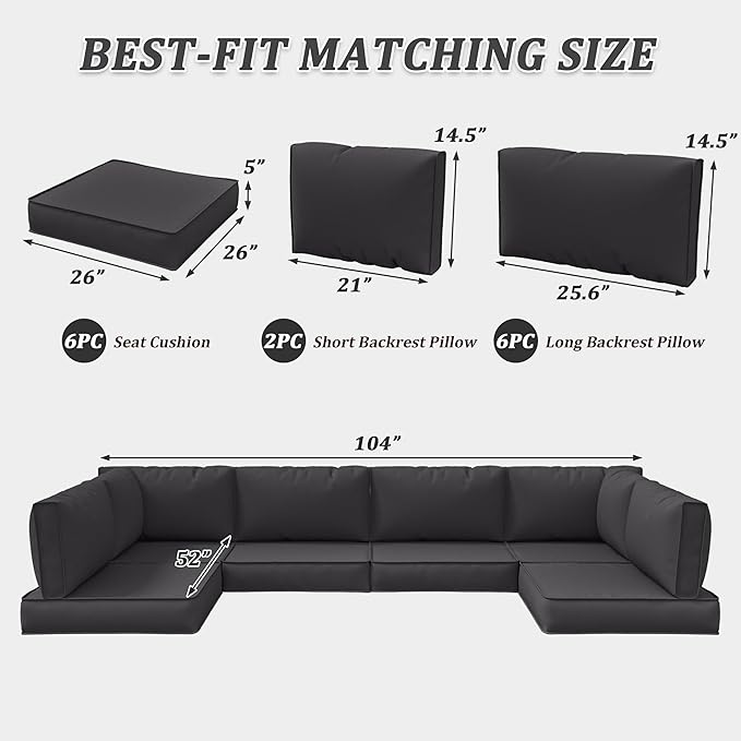 14-Piece Outdoor Cushions for Patio Furniture Thick Outdoor Chair Cushions 5" Foam High-Density Water-Resistant Deep Seat Cushion for 6-Seat Sectional Sets Liner&Cover Grey