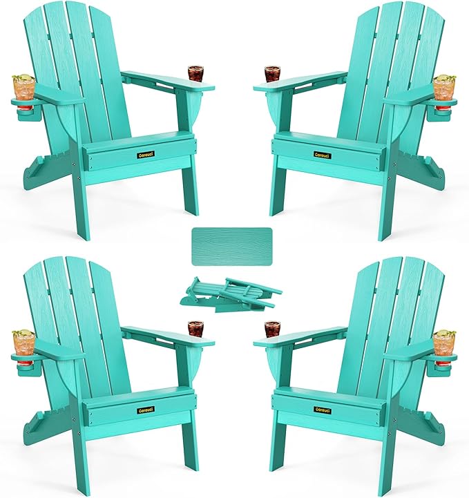 Folding Adirondack Chair Set of 4, Wooden Textured Plastic Adirondack Chairs with 2 Cup Holder, Weather Resistant HDPE Fire Pit Chair, Outdoor Patio Chairs for Garden, Backyard, Lawn, Deck, Lake Blue