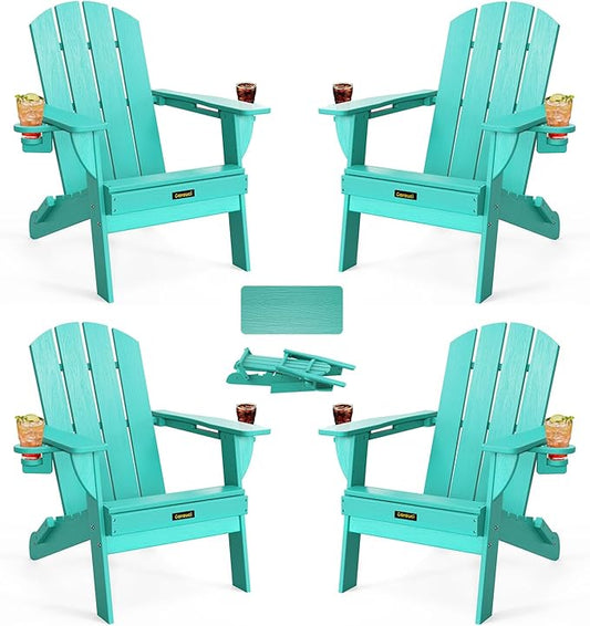 Folding Adirondack Chair Set of 4, Wooden Textured Plastic Adirondack Chairs with 2 Cup Holder, Weather Resistant HDPE Fire Pit Chair, Outdoor Patio Chairs for Garden, Backyard, Lawn, Deck, Lake Blue