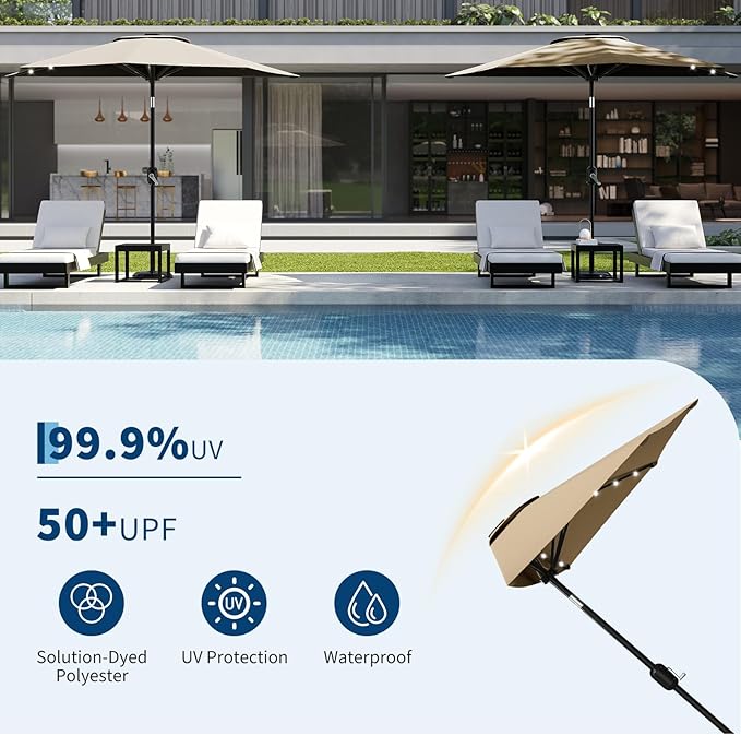 Garvee Patio Umbrella 9FT - Half Umbrella Outdoor with Solar LED Lights and Smooth Crank Lift, Outdoor Shade Canopy for Patio, Backyard, Garden, Deck, Balcony -Tan